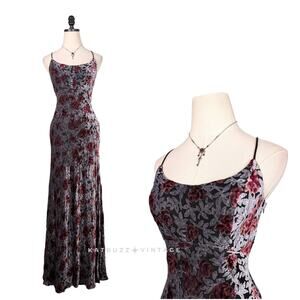Vintage Burnout Velvet Prom Dress Maxi Gown 8 Red Gray Y2K Grunge Goth Floral